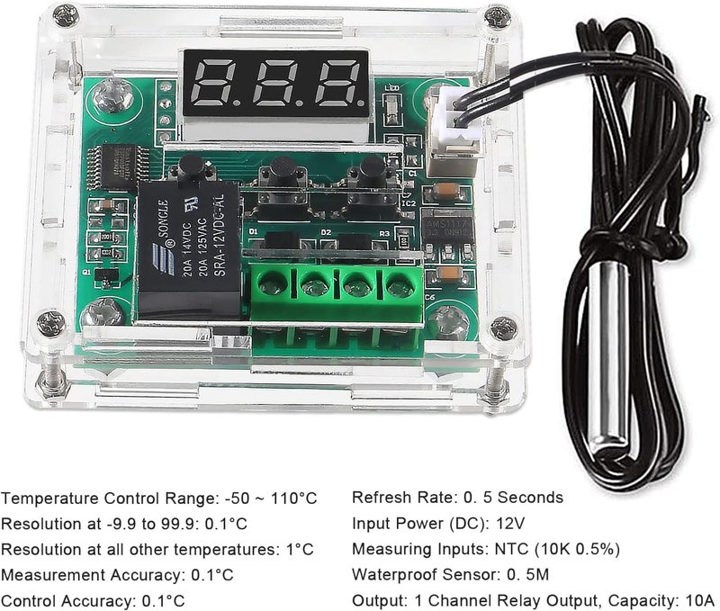 AEDIKO 2pcs W1209 DC 12V Digital Temperature Controller Board Digital Display Thermostat -50-110°C Electronic Temperature Temp Control Module Switch with Waterproof Case - Image 3